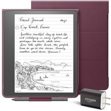 Kindle Scribe Essentials Bundle including Kindle Scribe (16 GB), Basic Pen, Leather Folio Cover with Magnetic Attach - Burgundy, and Power Adapter