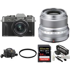 FUJIFILM X-T30 Mirrorless Digital Camera with 15-45mm and 23mm f/2 Lenses and Accessories Kit (Charcoal Silver/Silver)
