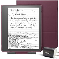 Kindle Scribe Essentials Bundle including Kindle Scribe (16 GB)  Basic Pen Leather Folio Cover with Magnetic Attach Burgundy and Power Adapter