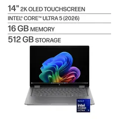 HP - OmniBook X Flip 2-in-1 - 14" 2K OLED Touchscreen Laptop - Intel Core Ultra 5 (2026) - 16GB Memory - 512GB SSD - Copilot+ - Meteor Silver