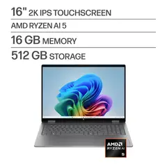 HP - OmniBook X Flip 2-in-1 - 16" 2K Touchscreen Laptop - AMD Ryzen AI 5 430 (2026) - 16GB Memory - 512GB SSD - Copilot+ PC - Meteor Silver