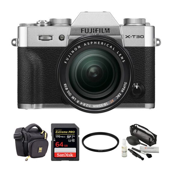FUJIFILM X-T30 Mirrorless Digital Camera with 18-55mm Lens and Accessories Kit (Silver)