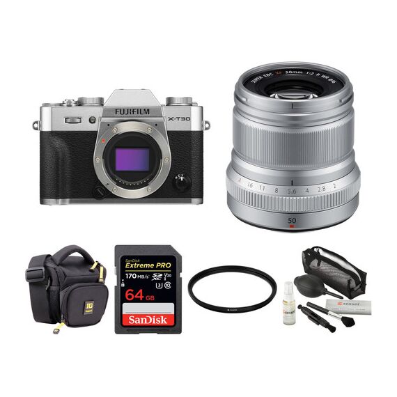 FUJIFILM X-T30 Mirrorless Digital Camera with 50mm f/2 Lens and Accessories Kit (Silver)