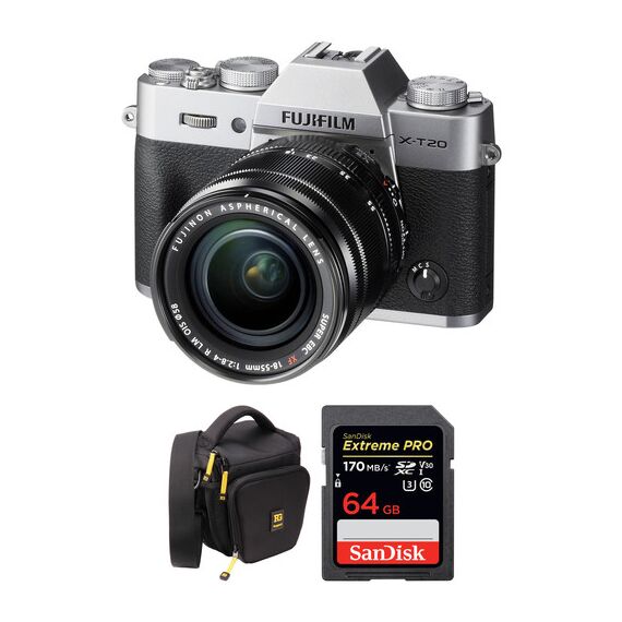 FUJIFILM X-T20 Mirrorless Digital Camera with 18-55mm Lens and Free Accessories Kit (Silver)
