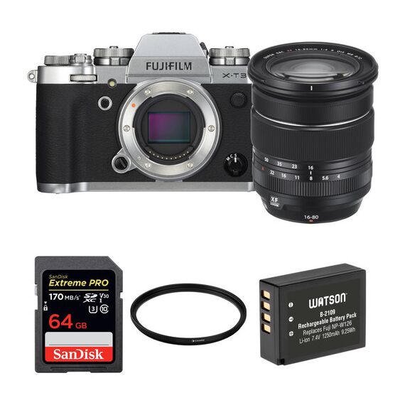 FUJIFILM X-T3 Mirrorless Digital Camera with 16-80mm Lens and Accessories Kit (Silver)