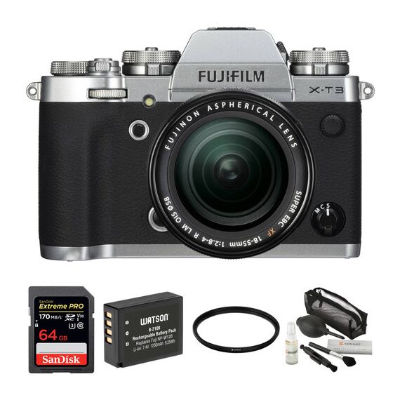 FUJIFILM X-T3 Mirrorless Digital Camera with 18-55mm Lens and Accessories Kit (Silver)