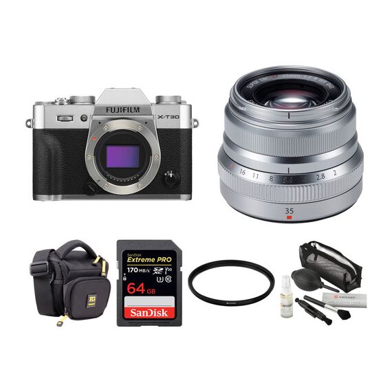 FUJIFILM X-T30 Mirrorless Digital Camera with 35mm f/2 Lens and Accessories Kit (Silver)