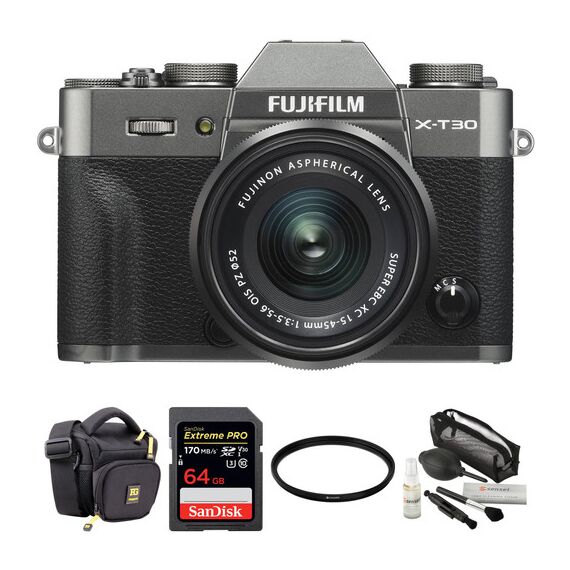 FUJIFILM X-T30 Mirrorless Digital Camera with 15-45mm Lens and Accessories Kit (Charcoal Silver)
