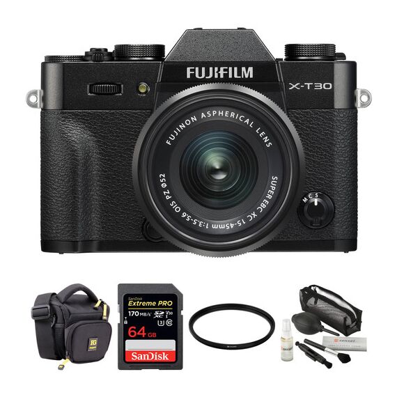 FUJIFILM X-T30 Mirrorless Digital Camera with 15-45mm Lens and Accessories Kit (Black)
