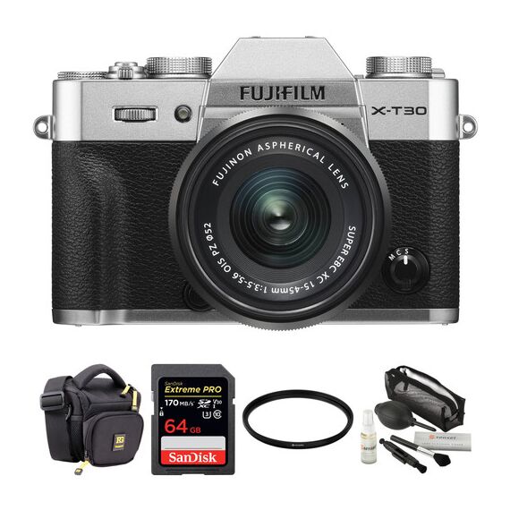 FUJIFILM X-T30 Mirrorless Digital Camera with 15-45mm Lens and Accessories Kit (Silver)