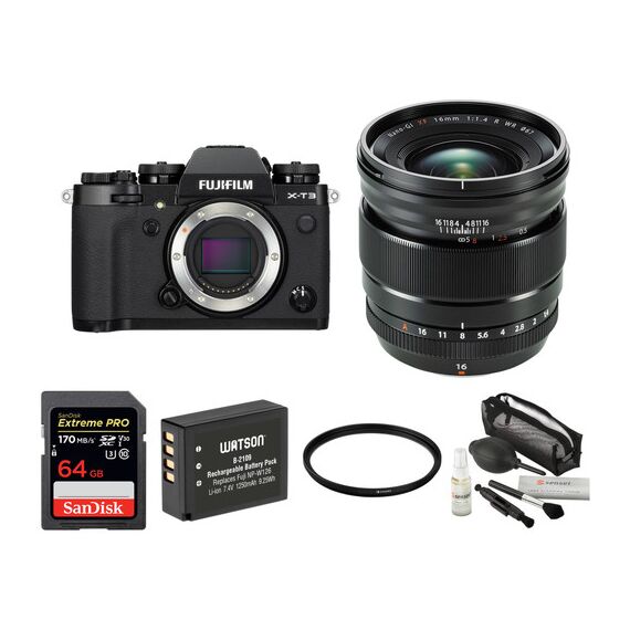 FUJIFILM X-T3 Mirrorless Digital Camera with 16mm f/1.4 Lens and Accessories Kit (Black)