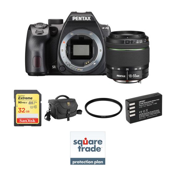 Pentax K-70 DSLR Camera with 18-55mm Lens Deluxe Kit (Black)
