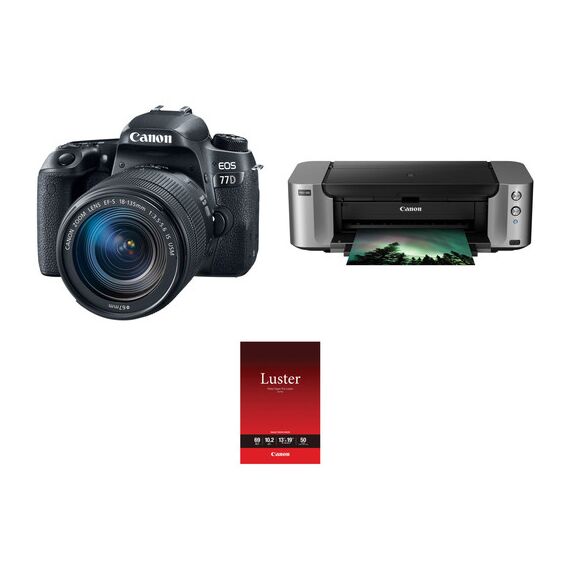 Canon EOS 77D DSLR Camera with 18-135mm USM Lens and Inkjet Printer Kit