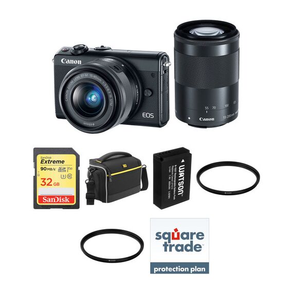 Canon EOS M100 Mirrorless Digital Camera with 15-45mm and 55-200mm Lenses Deluxe Kit (Black)