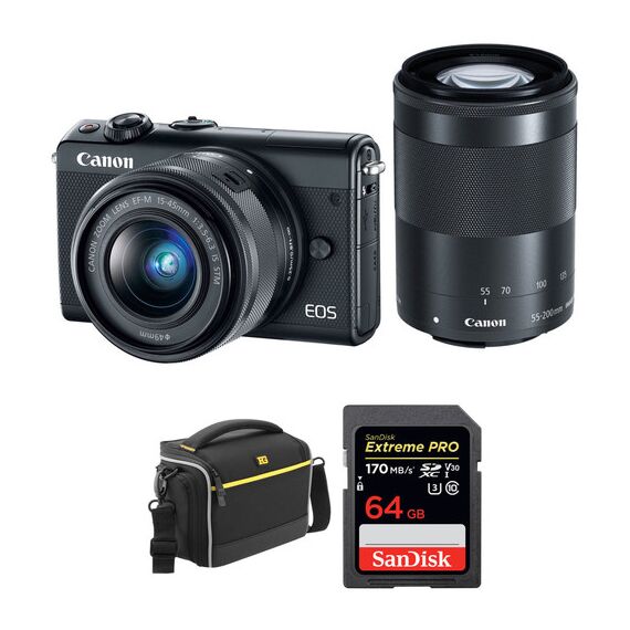Canon EOS M100 Mirrorless Digital Camera with 15-45mm and 55-200mm Lenses and Accessories Kit (Black)