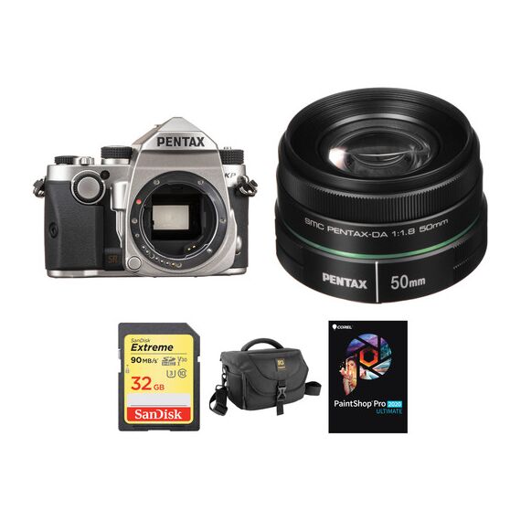 Pentax KP DSLR Camera with 50mm f/1.8 Lens and Accessories Kit (Silver)