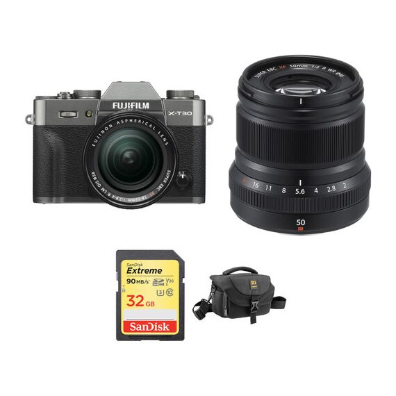 FUJIFILM X-T30 Mirrorless Digital Camera with 18-55mm and 50mm f/2 Lenses and Accessories Kit (Charcoal Silver)