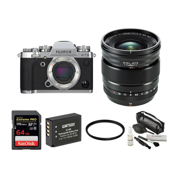 FUJIFILM X-T3 Mirrorless Digital Camera with 16mm f/1.4 Lens and Accessories Kit (Silver)