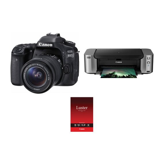 Canon EOS 80D DSLR Camera with 18-55mm Lens and Inkjet Printer Kit