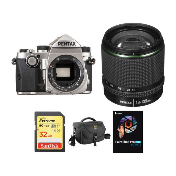 Pentax KP DSLR Camera with 18-135mm Lens and Accessories Kit (Silver)