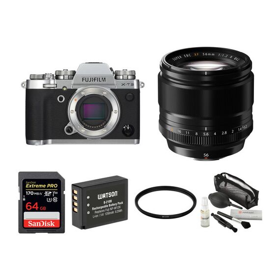 FUJIFILM X-T3 Mirrorless Digital Camera with 56mm Lens and Accessories Kit (Silver)