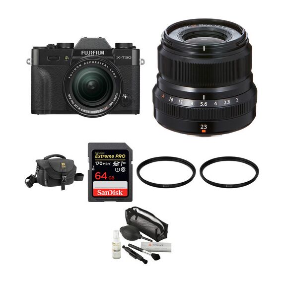 FUJIFILM X-T30 Mirrorless Digital Camera with 18-55mm and 23mm f/2 Lenses and Accessories Kit (Black)
