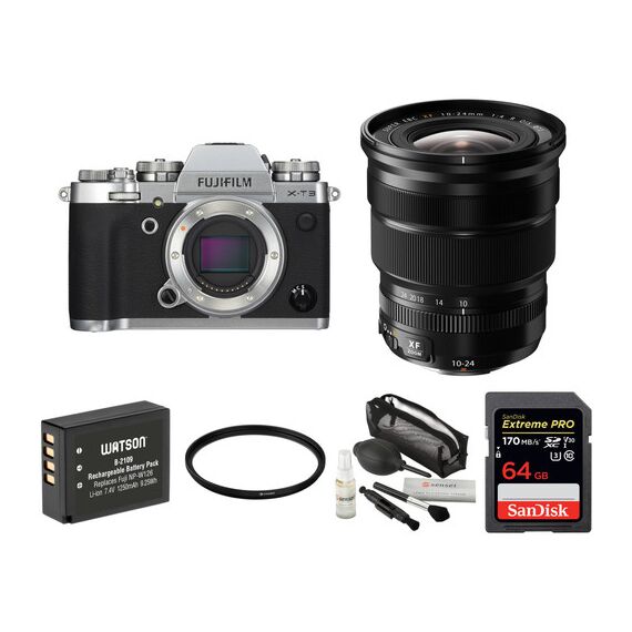 FUJIFILM X-T3 Mirrorless Digital Camera with 10-24mm Lens and Accessories Kit (Silver)