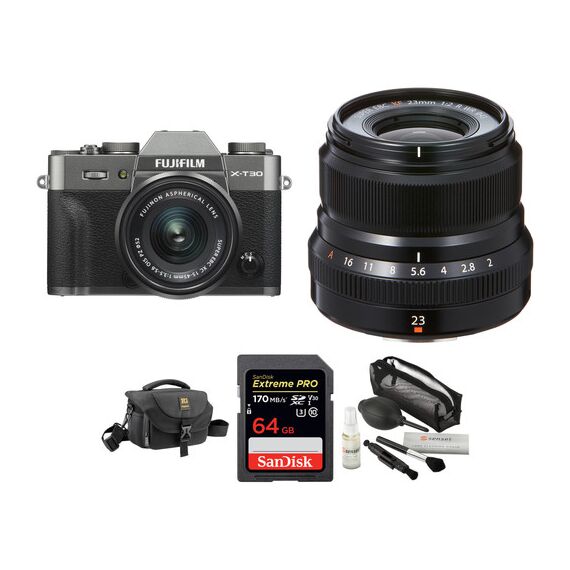 FUJIFILM X-T30 Mirrorless Digital Camera with 15-45mm and 23mm f/2 Lenses and Accessories Kit (Charcoal Silver/Black)