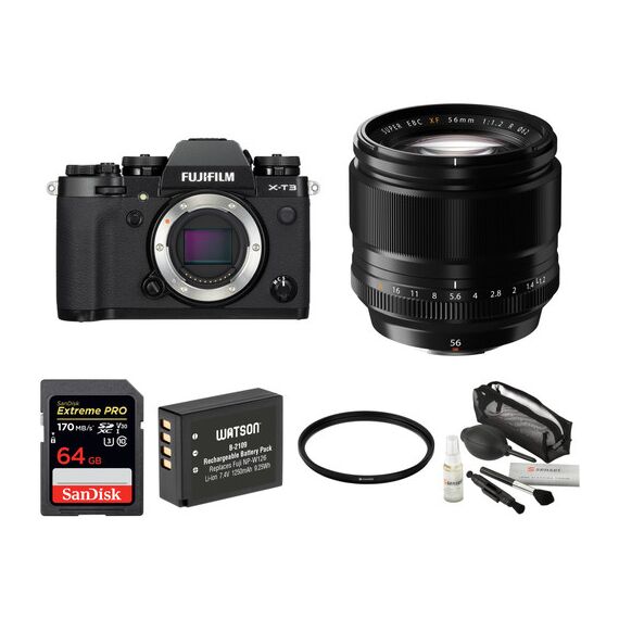 FUJIFILM X-T3 Mirrorless Digital Camera with 56mm Lens and Accessories Kit (Black)