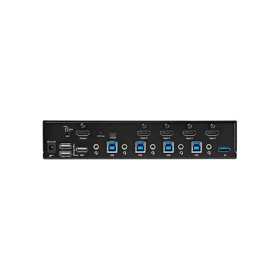 Sartech 4 Port HDMI KVM Switch with 2 Port USB 3.0 Hub 5Gbps - Hotkey/Push Button - Ultra HD 4K 60Hz HDR10 HDMI 2.0 (3840x2160) - HDCP 2.2 - EDID, HDCP Emulation - Front Facing USB 3.0 Port - 4x USB HID - 2 or 7.1ch Audio - OS Independent - 2 Year Warr - , 4 image