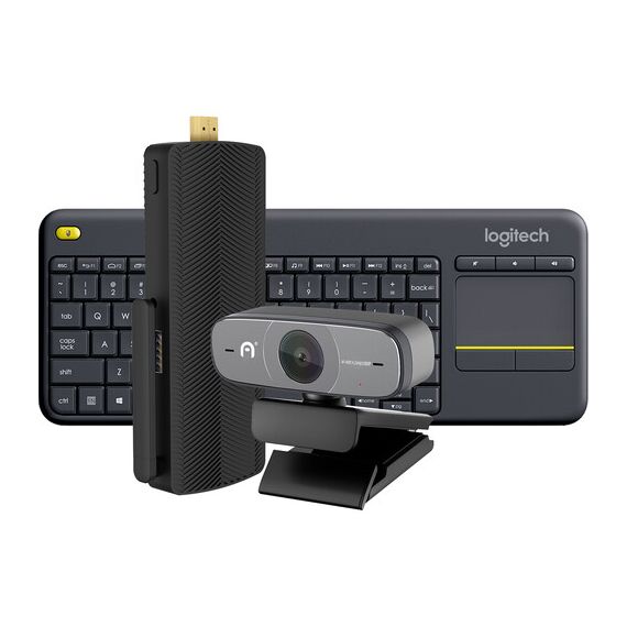 Azulle Access4 Fanless Mini PC Stick Windows 10 Pro Edition with Webcam & Logitech Keyboard Bundle