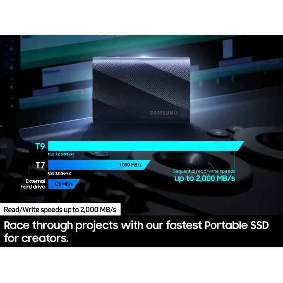 Samsung - T9 Portable SSD 4TB, Up to 2,000MB/s, USB 3.2 Gen2 - Black, 2 image