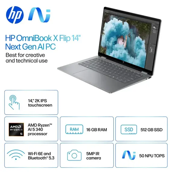 HP - OmniBook X Flip 2-in-1 - Copilot+ PC - 14" 2K Touch-Screen Laptop - AMD Ryzen AI 5 - 16GB Memory - 512GB SSD - Meteor Silver, 2 image