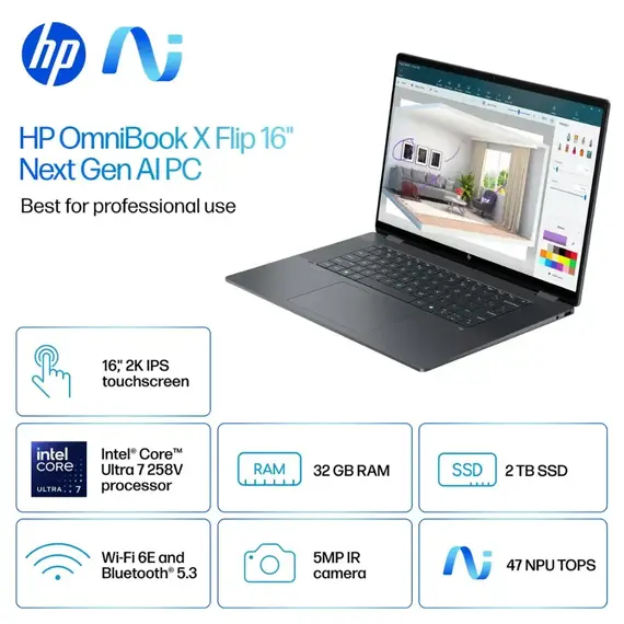 HP - OmniBook X Flip 2-in-1 - Copilot+ PC - 16" 2K Touch-Screen Laptop - Intel Core Ultra 7 - 32GB Memory - 2TB SSD - Eclipse Gray, 2 image