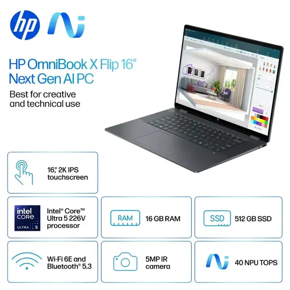 HP - OmniBook X Flip 2-in-1 - Copilot+ PC - 16" 2K Touch-Screen Laptop - Intel Core Ultra 5 - 16GB Memory - 512GB SSD - Eclipse Gray, 2 image