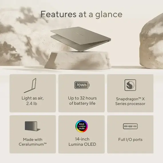 ASUS - Zenbook A14 14" FHD+ OLED Laptop - Copilot+ PC - Qualcomm Snapdragon X Plus - 16GB RAM - 512GB SSD - Zabriskie Beige, 2 image