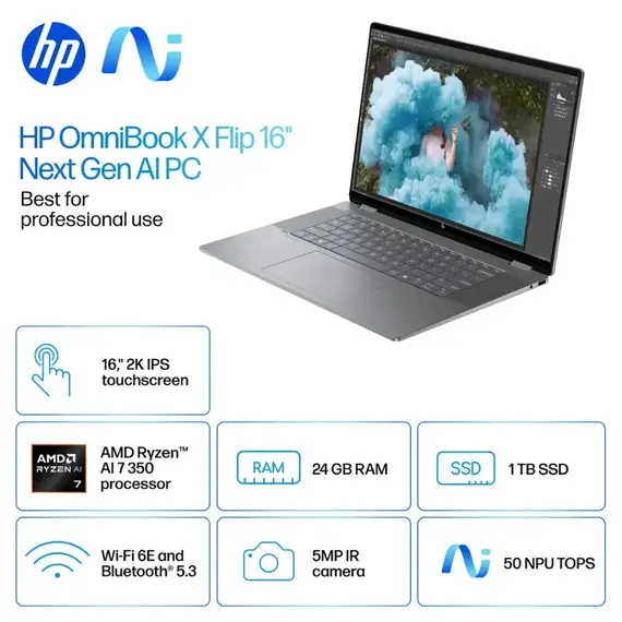 HP - OmniBook X Flip 2-in-1 - Copilot+ PC - 16" 2K Touch-Screen Laptop - AMD Ryzen AI 7 - 24GB Memory - 1TB SSD - Meteor Silver, 2 image