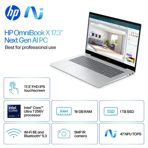 HP - OmniBook X - Copilot+ PC - 17.3" Full HD Touch-Screen Laptop - Intel Core Ultra 7 - 16GB Memory - 1TB SSD - Glacier Silver, 2 image