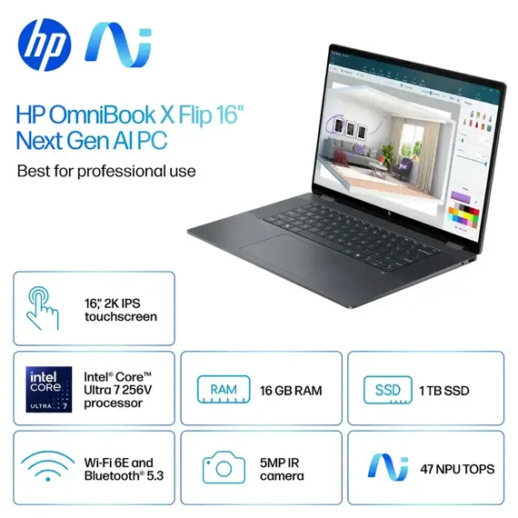 HP OmniBook X Flip 2-in-1 16-as0023dx 16 LED Touchscreen Intel Core ULTRA 7 256V 16GB on-board DDR5 1TB SSD windows 11 home, 2 image
