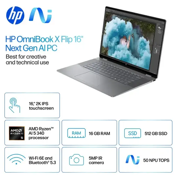 HP - OmniBook X Flip 2-in-1 - Copilot+ PC - 16" 2K Touch-Screen Laptop - AMD Ryzen AI 5 - 16GB Memory - 512GB SSD - Meteor Silver, 2 image