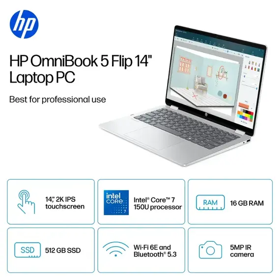 HP OmniBook 5 Flip 14-FP0023DX 2-in-1 14 2K Touch-Screen Laptop Intel core 7-150U 16GB RAM OB 512G PCIe W11 H Silver, 2 image