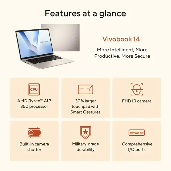 ASUS - Vivobook 14 14" FHD Laptop - Copilot+ PC - AMD Ryzen AI 7 350 with 16GB Memory - 512GB SSD - Platinum Gold, 3 image