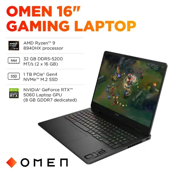 HP OMEN - 16" 2K 144Hz Gaming Laptop - AMD Ryzen 9 8940HX - 32GB DDR5 Memory - NVIDIA GeForce RTX 5060 - 1TB SSD - Shadow Black, 2 image