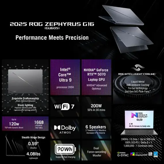 ASUS - ROG Zephyrus G16 16" OLED 2.5K 240Hz Gaming Laptop - Intel Core Ultra 9 - 16GB RAM - NVIDIA GeForce RTX 5070 - 1TB SSD - Eclipse Gray, 10 image