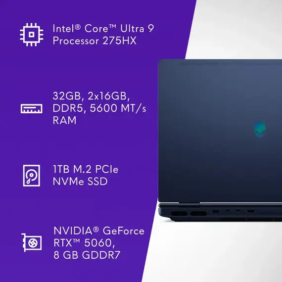 Alienware - 16X Aurora 16" 240Hz Gaming Laptop WQXGA - Intel Core Ultra 9 275HX with 32GB Memory - NVIDIA GeForce RTX 5060 - 1TB SDD - Blue, 4 image