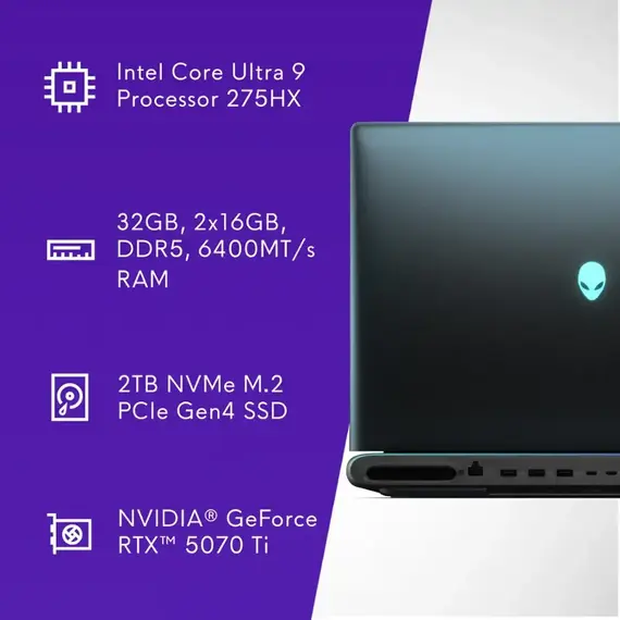 Alienware - Area-51 18" 300Hz Gaming Laptop WQXGA - Intel Core Ultra 9 275HX with 32GB Memory - NVIDIA GeForce RTX 5070 Ti - 2TB SDD - Liquid Teal, 10 image