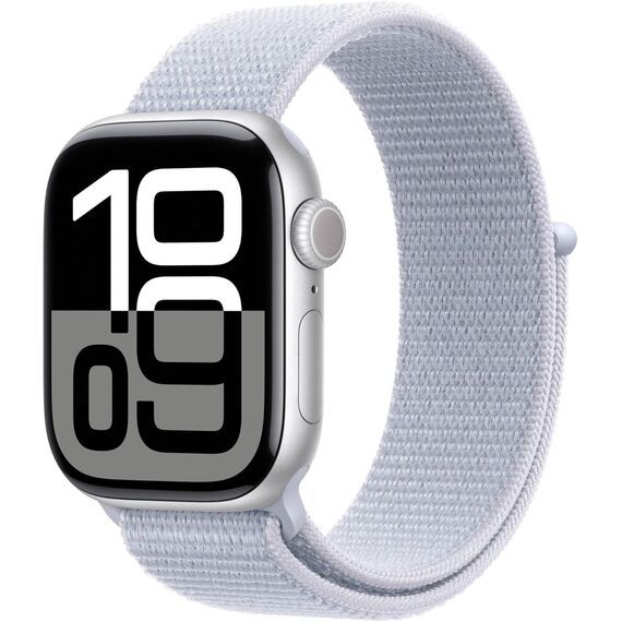 Apple Watch Series 10 [GPS 46mm case] Smartwatch with Silver Aluminium Case with Blue Cloud Sport Loop. Fitness Tracker, ECG App, Always-On Retina Display, Carbon Neutral, Velicina sata: 46mm case + Medium/Large band, Color: Silver Aluminium Case with Blue Cloud Sport Loop