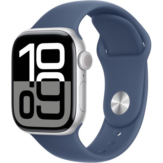 Apple Watch Series 10 [GPS 42mm case] Smartwatch with Silver Aluminium Case with Denim Sport Band - S/M. Fitness Tracker, ECG App, Always-On Retina Display, Water Resistant, Velicina sata: 42mm case + Small/Medium band, Color: Silver Aluminium Case with Denim Sport Band