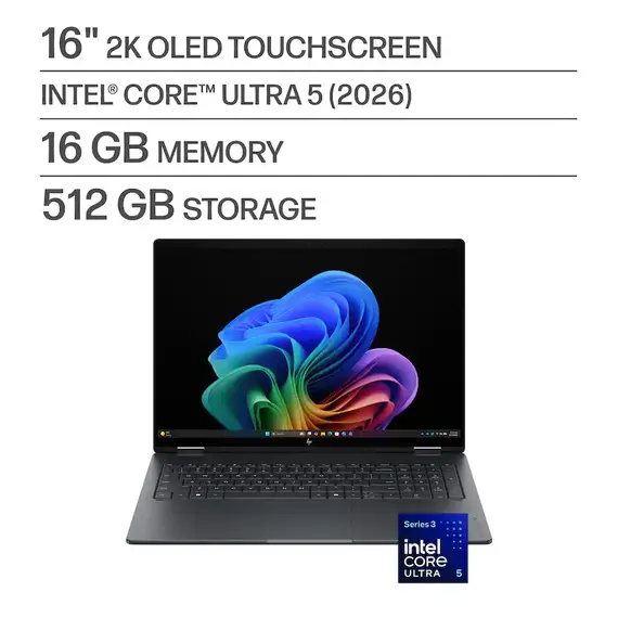 HP - OmniBook X Flip 2-in-1 - 16" 2K OLED Touchscreen Laptop - Intel Core Ultra 5 (2026) - 16GB Memory - 512GB SSD - Copilot+ - Eclipse Gray