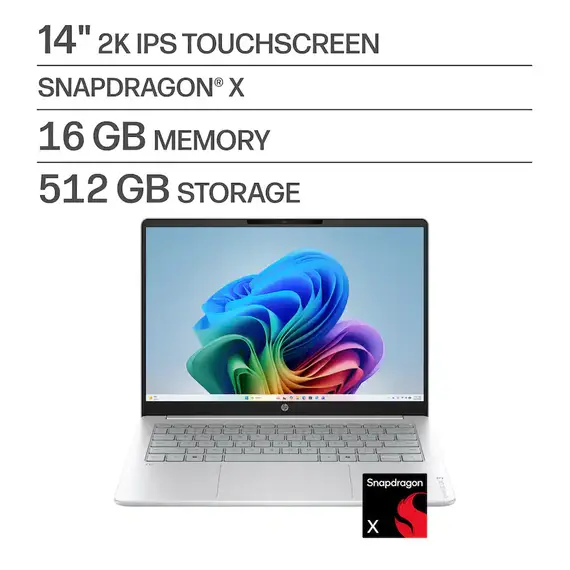 HP - OmniBook 3 - 14" 2K Touchscreen Laptop - Snapdragon X - 16GB Memory - 512GB SSD - Copilot+ PC - Glacier Silver